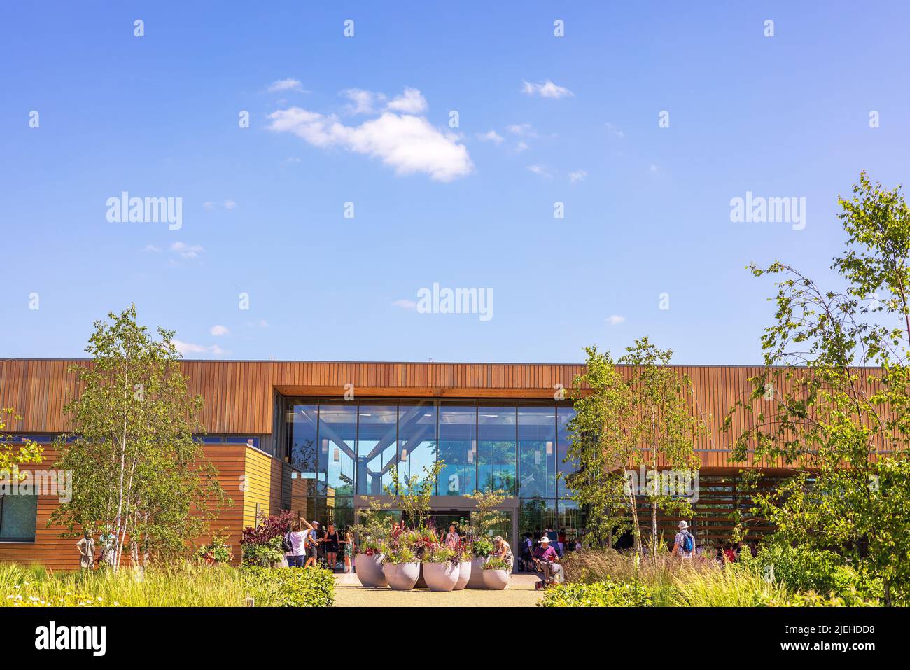 Larch wood clad The Welcome Building of RHS Garden Bridgewater, near Manchester, England. Stock Photo