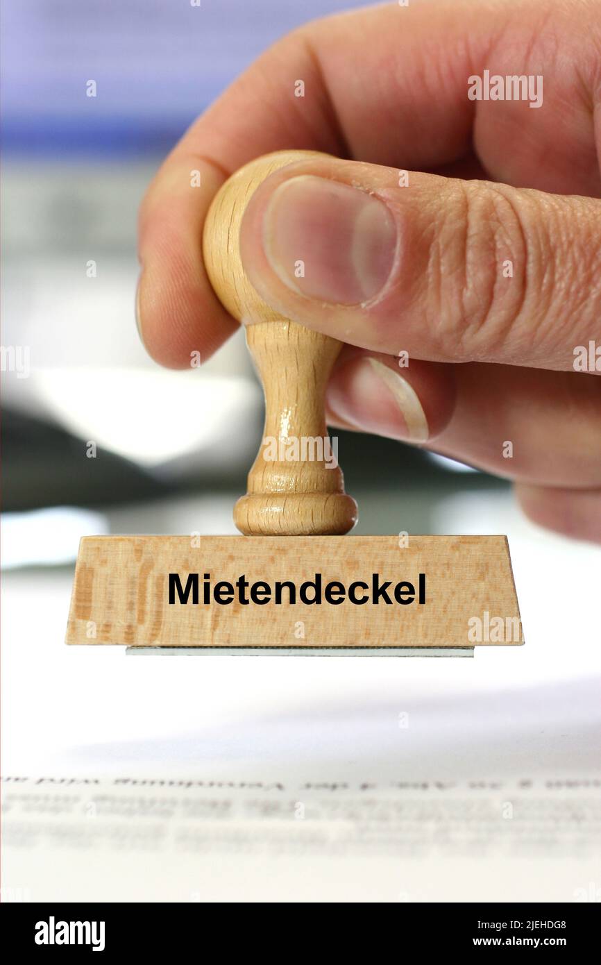 Stempel, Holzstempel, Aufschrift: Mietendeckel, Stock Photo