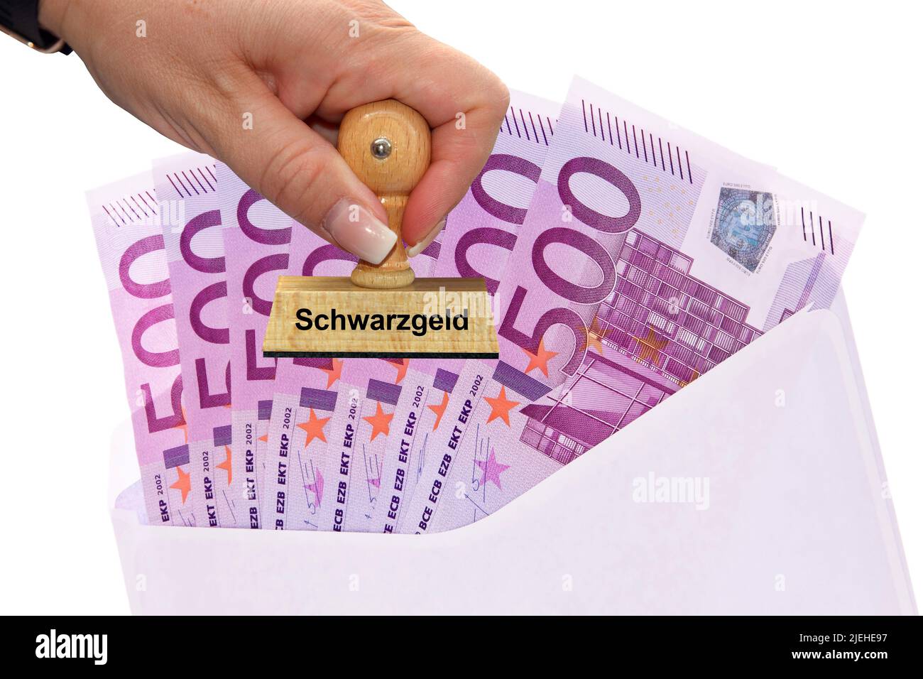 Schwarzgeld, Steuerfrei, Finanzamt, Viele 500 Euro Banknoten der  Europaäschen Union im Briefumschlag Stock Photo