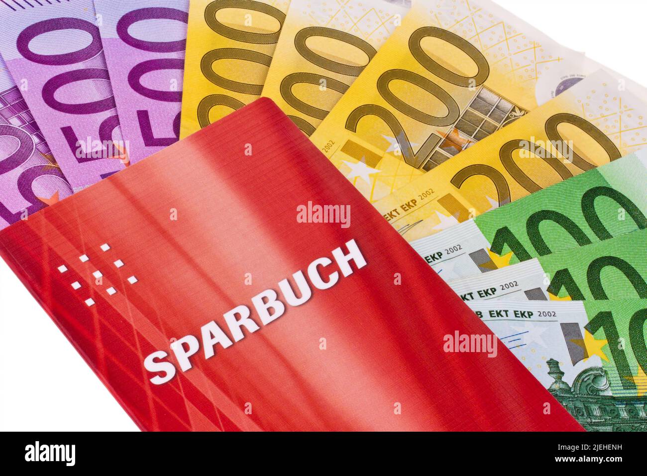 Ein Sparbuch mit Euro-Banknoten, Sparen, Reserve, Vorsorge, Altersvorsorge, Notgroschen, Rücklage, Stock Photo