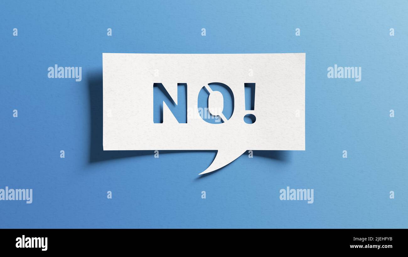 No sign showing negative answer or decision, disagreement, rejection, refusal or contradiction. Word no on cutout paper speech bubble on blue backgrou Stock Photo