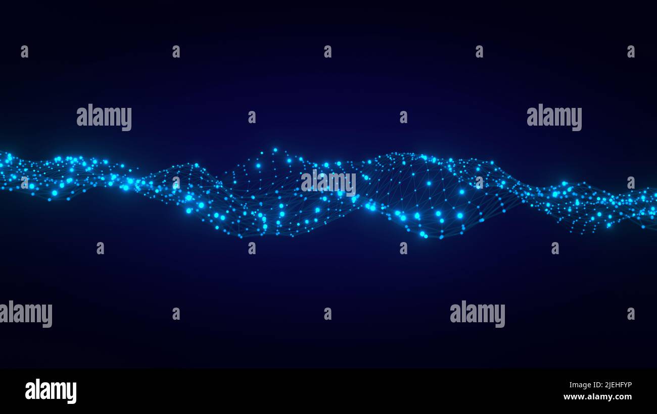 Technology and communication background with connected dots on 3D wave landscape. Telecommunication, data science, particles, digital world, virtual r Stock Photo