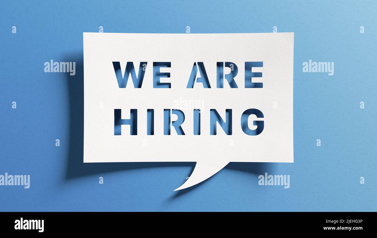 We are hiring announcement. Open job vacancies to join our team. Recruitment sign. Human resources and employment. Professional career. Stock Photo