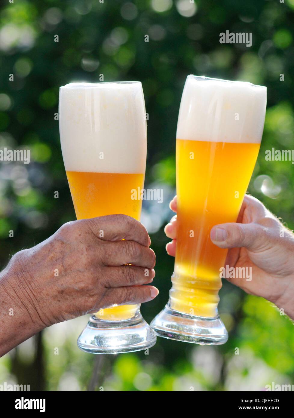 Zwei Hände mit je einem Bier, Biergarten, Freunde, oktoberfest, München, Stock Photo