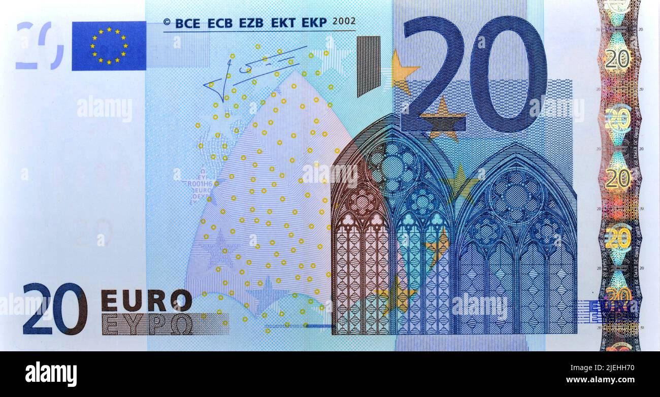 20-Euro-Schein, Banknote, Vorderseite, 20er, Banknoten, Währung, 2oer, Zwanziger, 20, Stock Photo