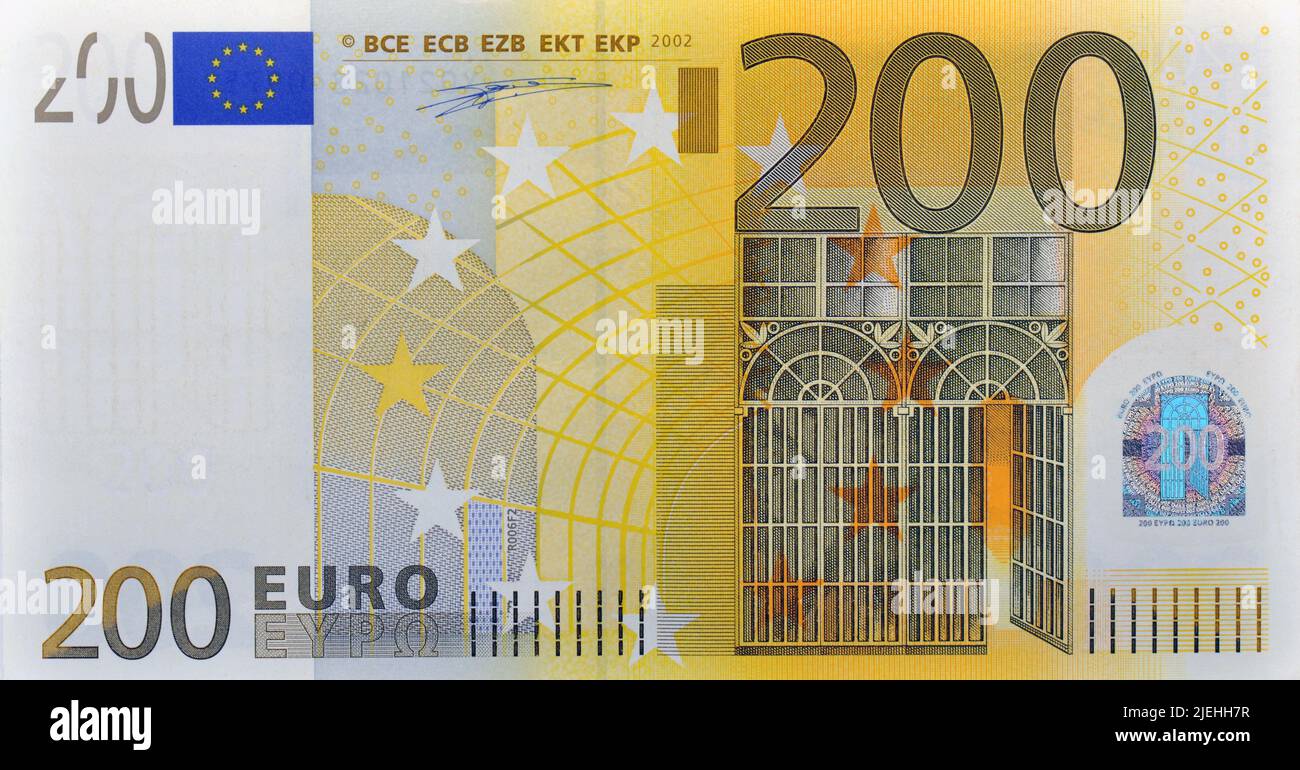 200-Euro-Schein, Banknote, Vorderseite, 200er, Banknoten, Währung, 200, Zweihundert, Euro, Stock Photo