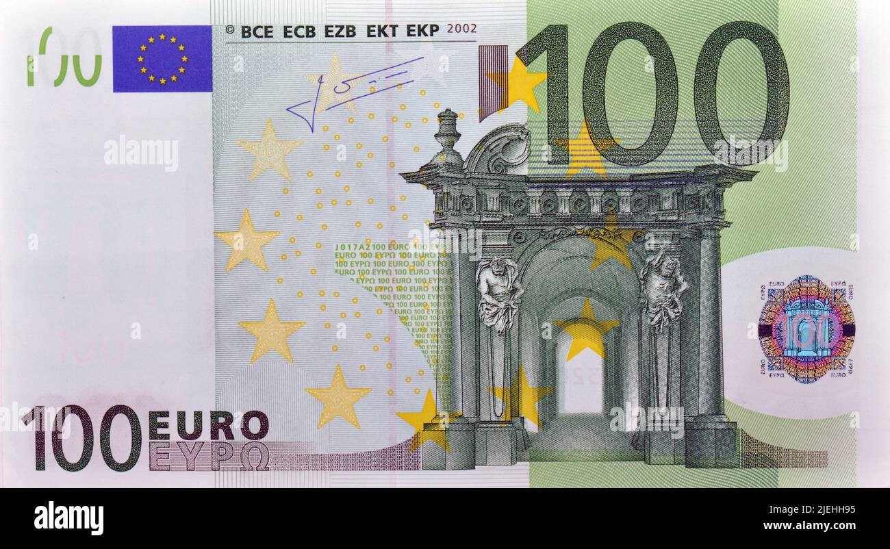 100-Euro-Schein, Banknote, Vorderseite, 100er, Banknoten, Währung, Hundert, Hunny, Euro, Stock Photo