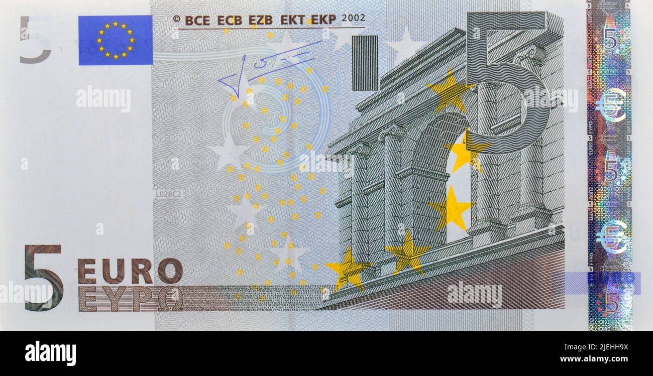 5-Euro-Schein, Banknote, Vorderseite, 5er, Banknoten, Währung, fünf, 5, Fünfer Stock Photo