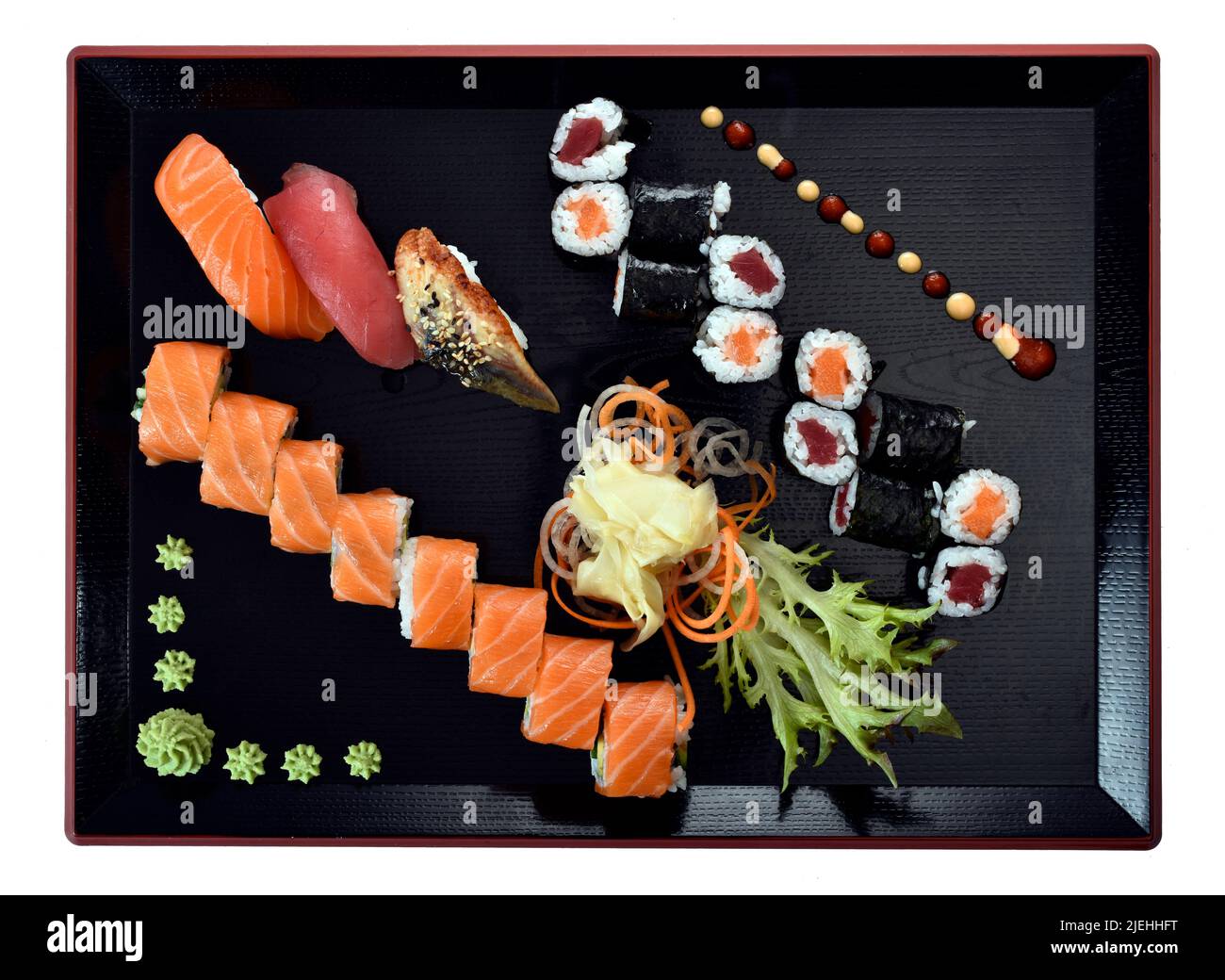 Sushi Auswahl, Lachs, Reis,  Stäbchen, Fisch, Roh, Geräuchert, Tofu, Nori, Seetang, Stock Photo