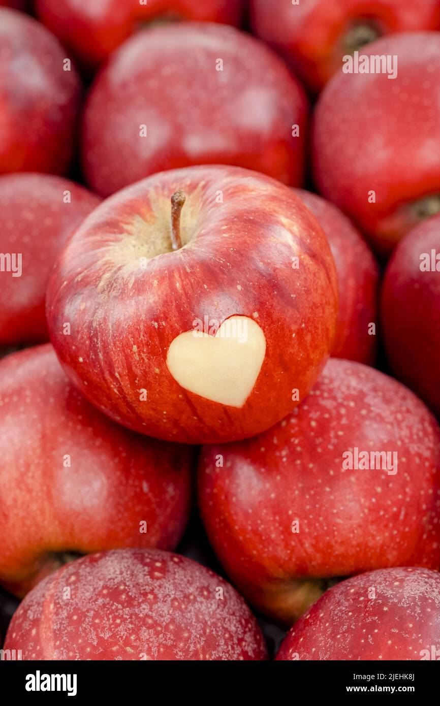 Roter Apfel mit Herz liegt auf roten Äpfeln, Stock Photo