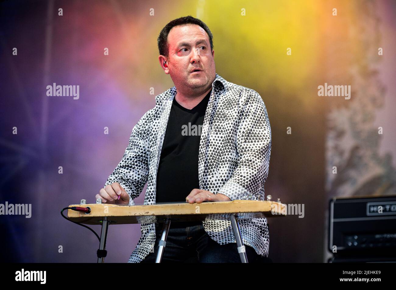 ITALY, STUPINIGI, JUNE 27TH 2022: Lee Harris, multi-instrumentalist of the English rock band “Nick Mason's Saucerful of Secrets” performing live on stage the early music of Pink Floyd Stock Photo