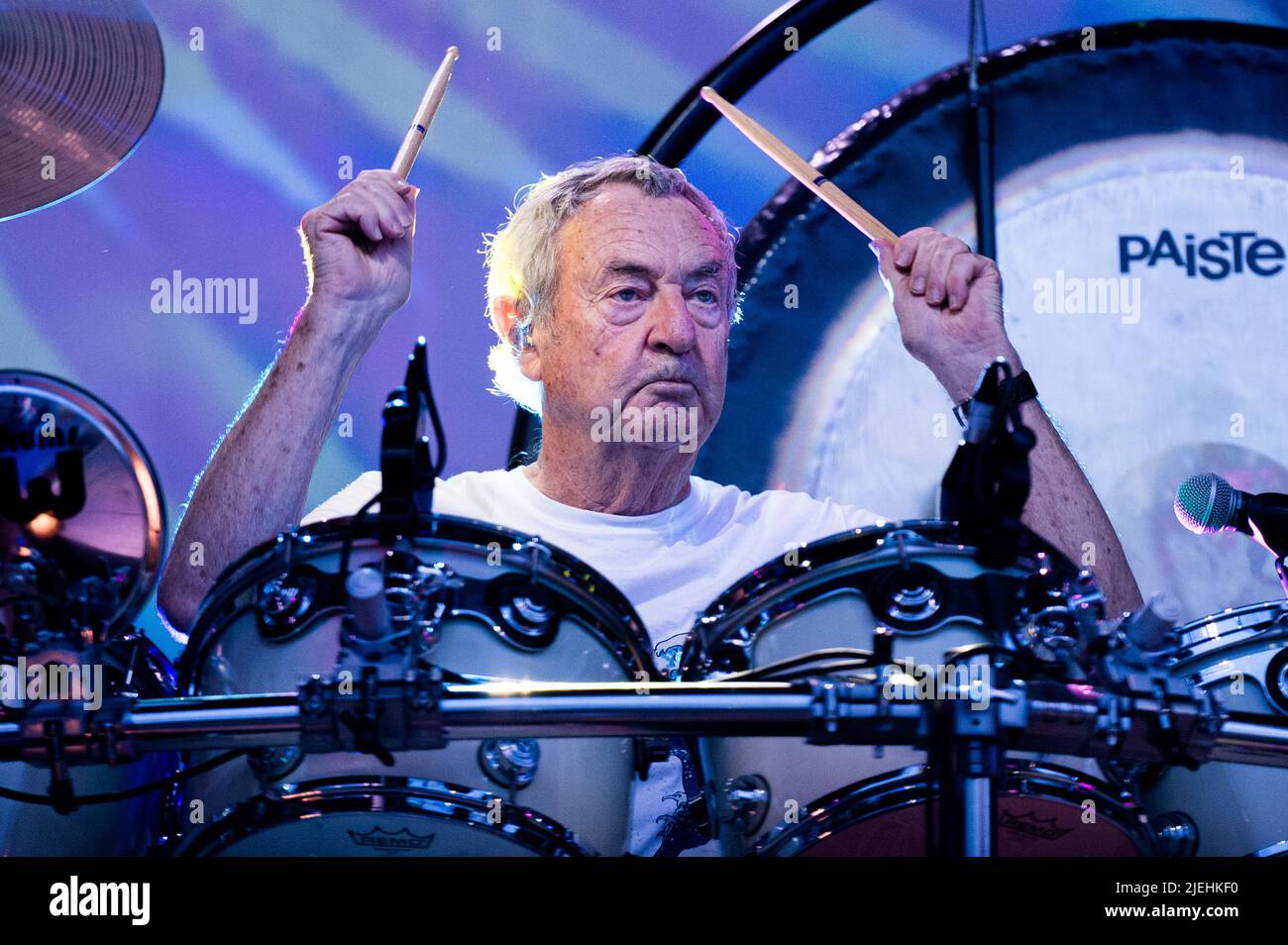 ITALY, STUPINIGI, JUNE 27TH 2022: Nick Mason, drummer of the English rock band “Nick Mason's Saucerful of Secrets” performing live on stage the early music of Pink Floyd Stock Photo