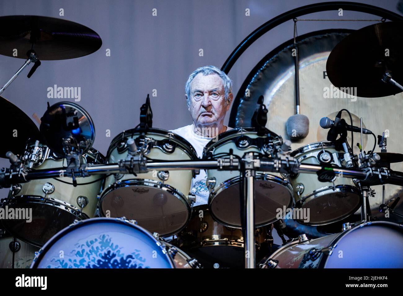 ITALY, STUPINIGI, JUNE 27TH 2022: Nick Mason, drummer of the English rock band “Nick Mason's Saucerful of Secrets” performing live on stage the early music of Pink Floyd Stock Photo