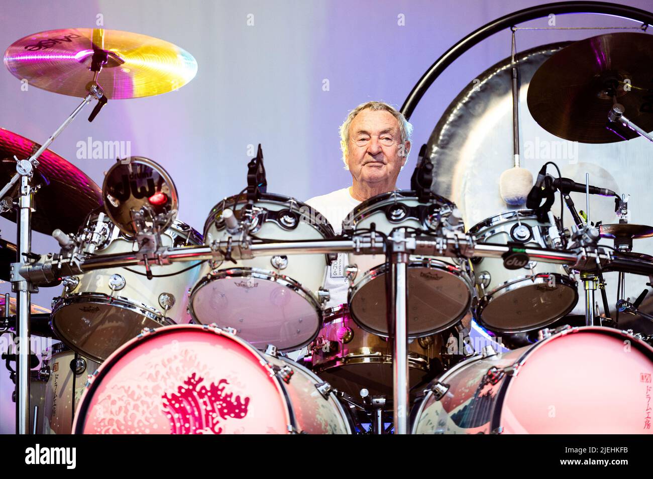 ITALY, STUPINIGI, JUNE 27TH 2022: Nick Mason, drummer of the English rock band “Nick Mason's Saucerful of Secrets” performing live on stage the early music of Pink Floyd Stock Photo