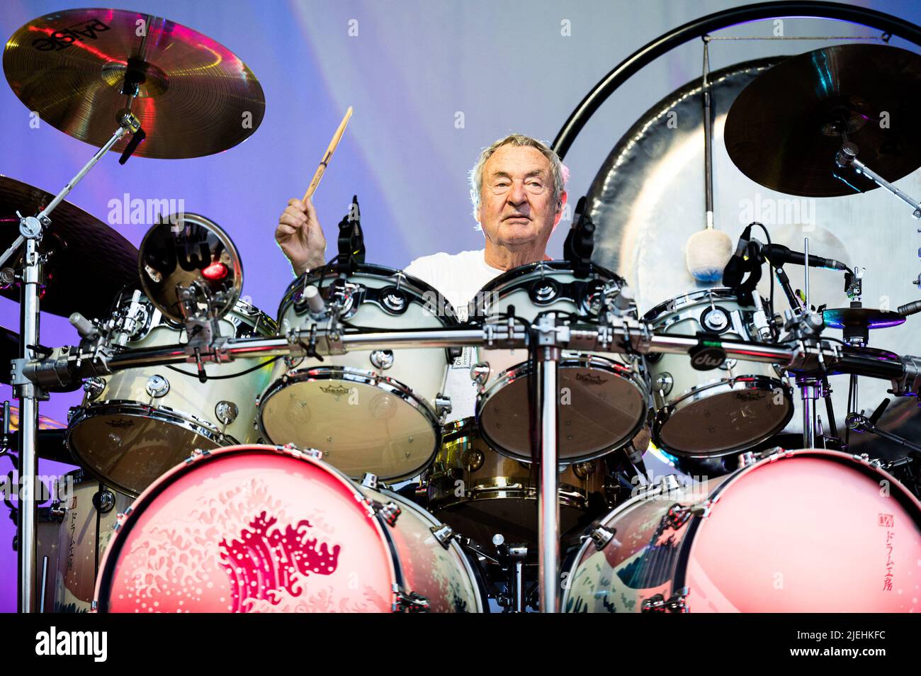 ITALY, STUPINIGI, JUNE 27TH 2022: Nick Mason, drummer of the English rock band “Nick Mason's Saucerful of Secrets” performing live on stage the early music of Pink Floyd Stock Photo