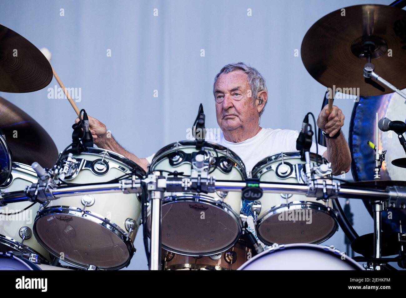 ITALY, STUPINIGI, JUNE 27TH 2022: Nick Mason, drummer of the English rock band “Nick Mason's Saucerful of Secrets” performing live on stage the early music of Pink Floyd Stock Photo