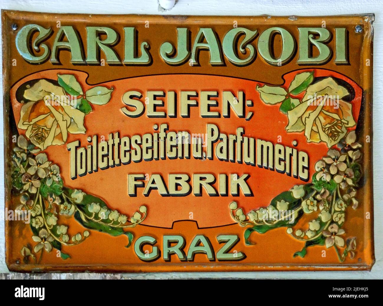 Altes Reklameschild, Blechschild, Emailleschild, Carl Jacobi Seifenfabrik, Stock Photo