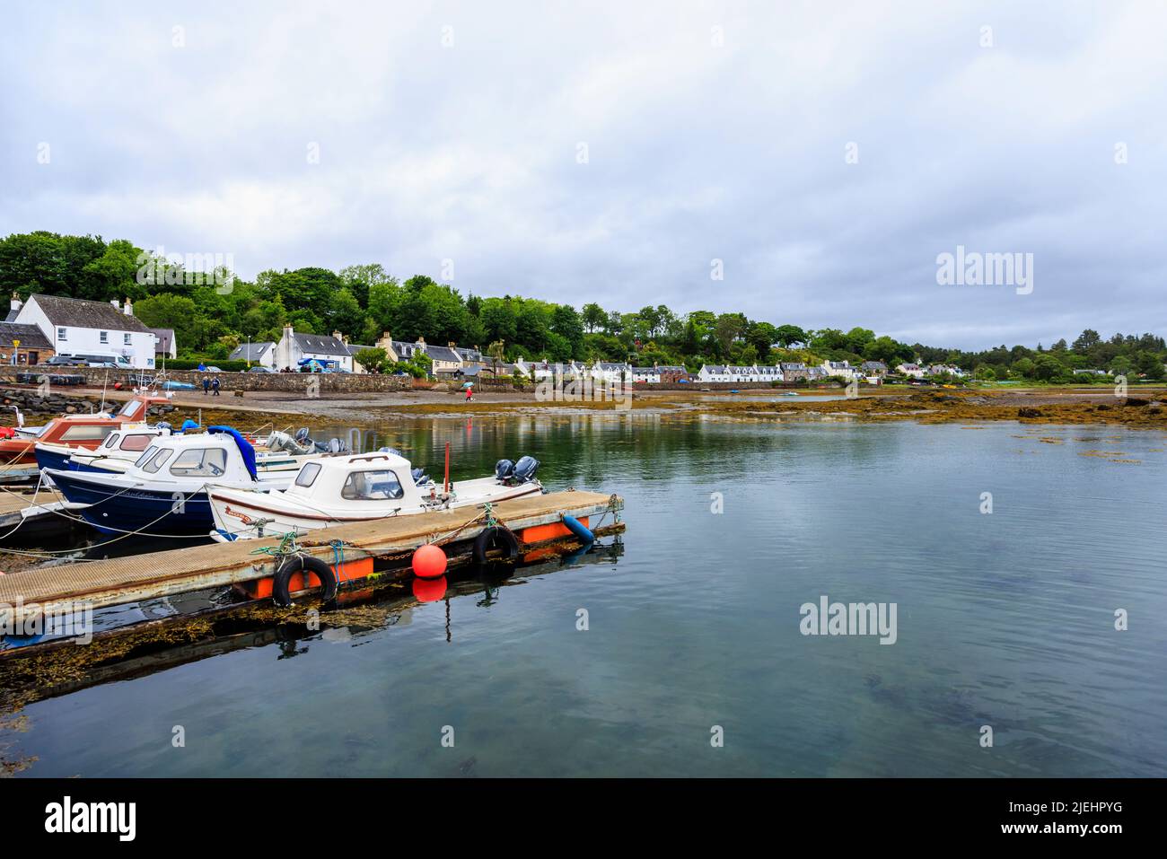 Boats moored in the harbour at Plockton, Lochalsh, Wester Ross area, a village in the Scottish Highlands on Loch Carron, setting for Hamish Macbeth Stock Photo