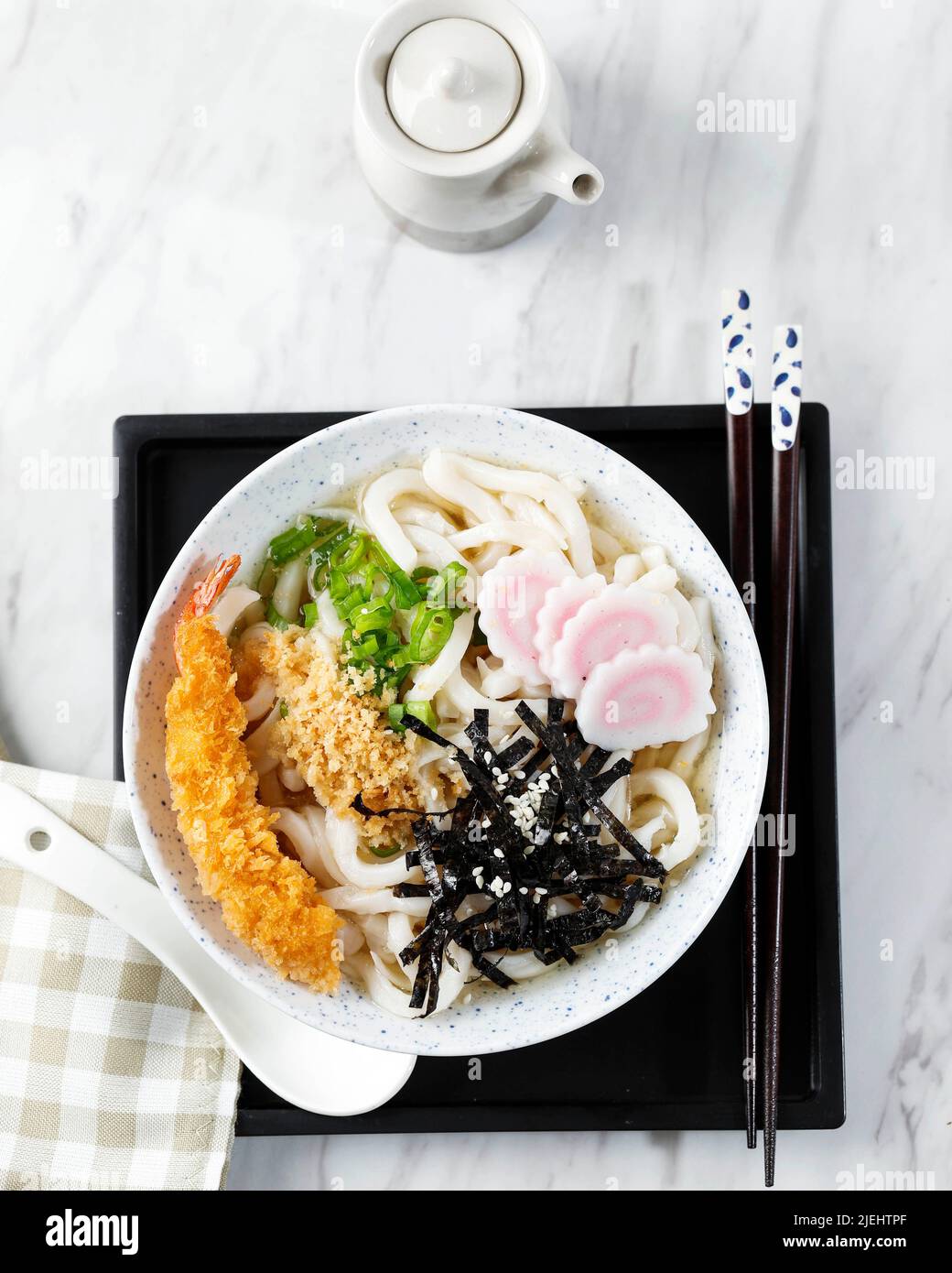Udon with Seafood Broth, Crispy Tempura, Green Onion, and Narutomaki