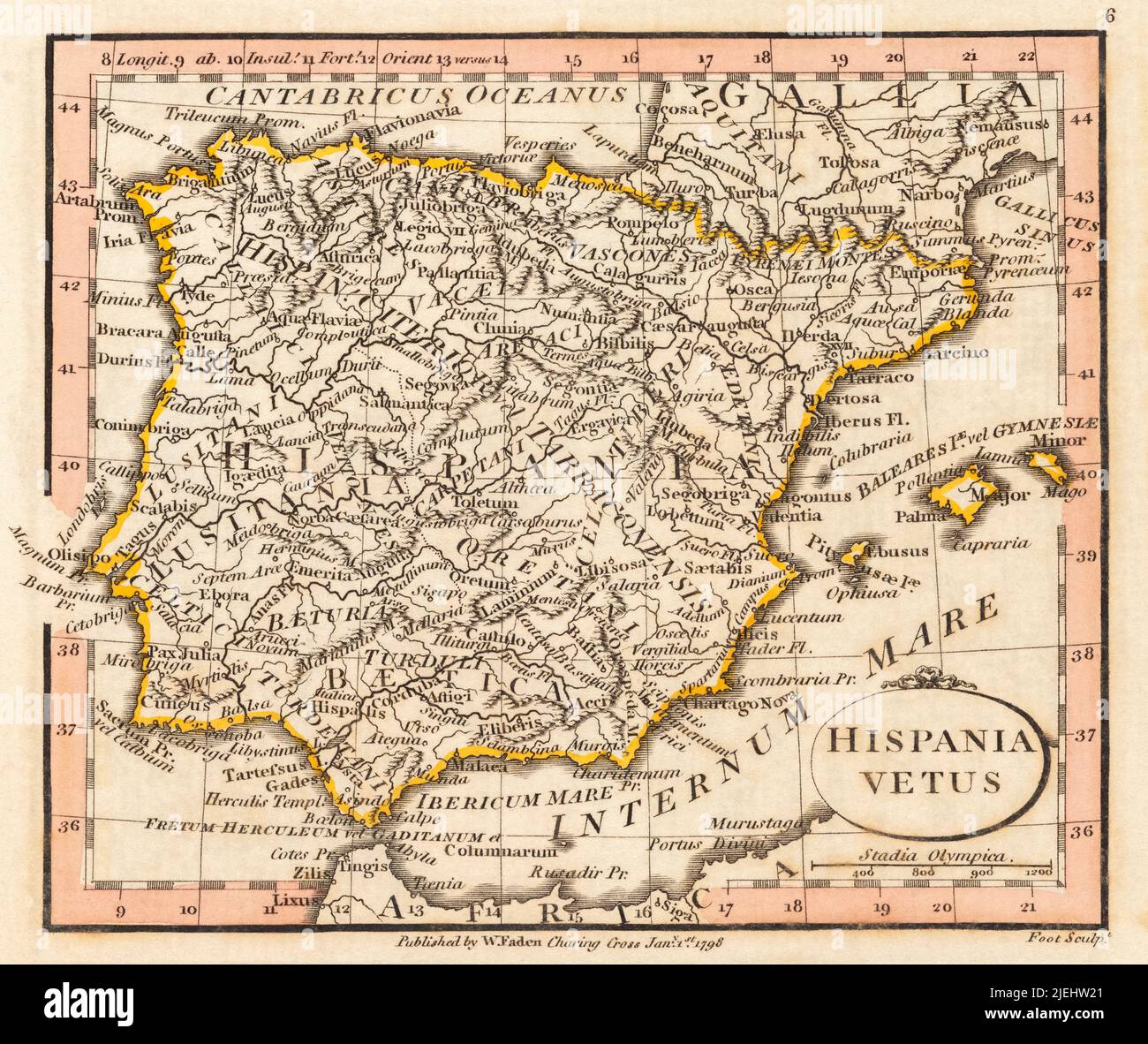 Hispania vetus.  Ancient Spain. 1798 map by cartographer William Faden, engraved by Foot.  Faden was the royal geographer to King George III.  This map comes from his Atlas minimus universalis which was designed mainly for use in schools. Stock Photo