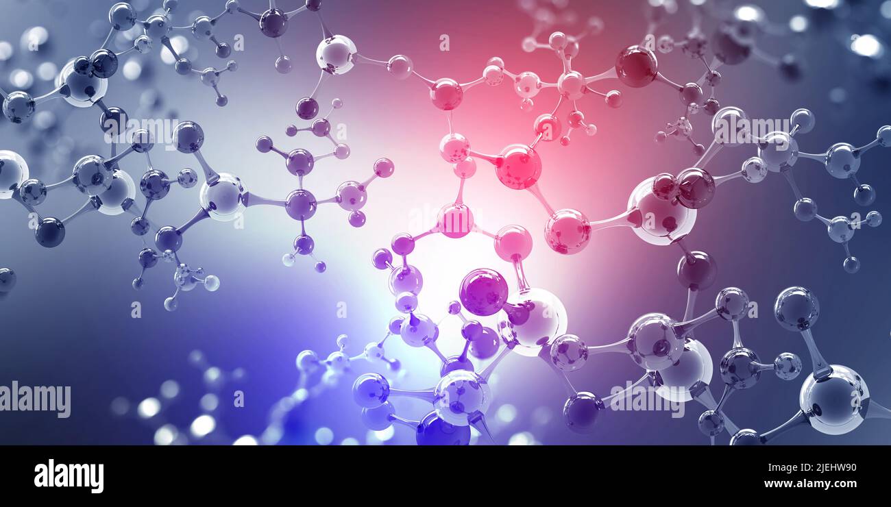 Molecule 3D illustration. Hi Tech technology in field of genetic engineering. Scientific breakthrough in molecular synthesis. Futuristic background Stock Photo