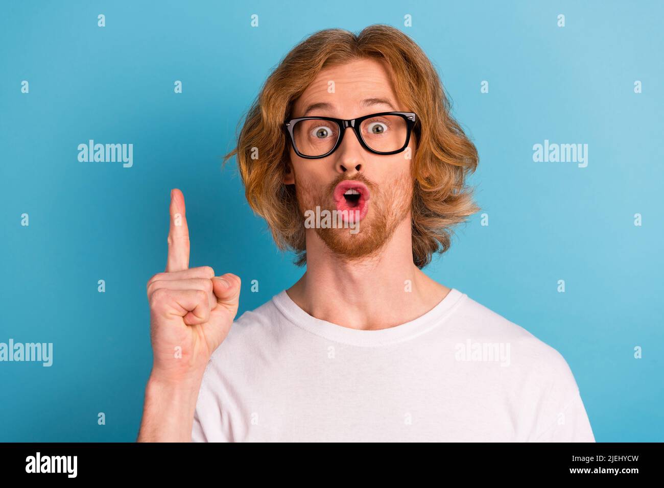 Photo of creative amazed person point finger brilliant excellent choice ...