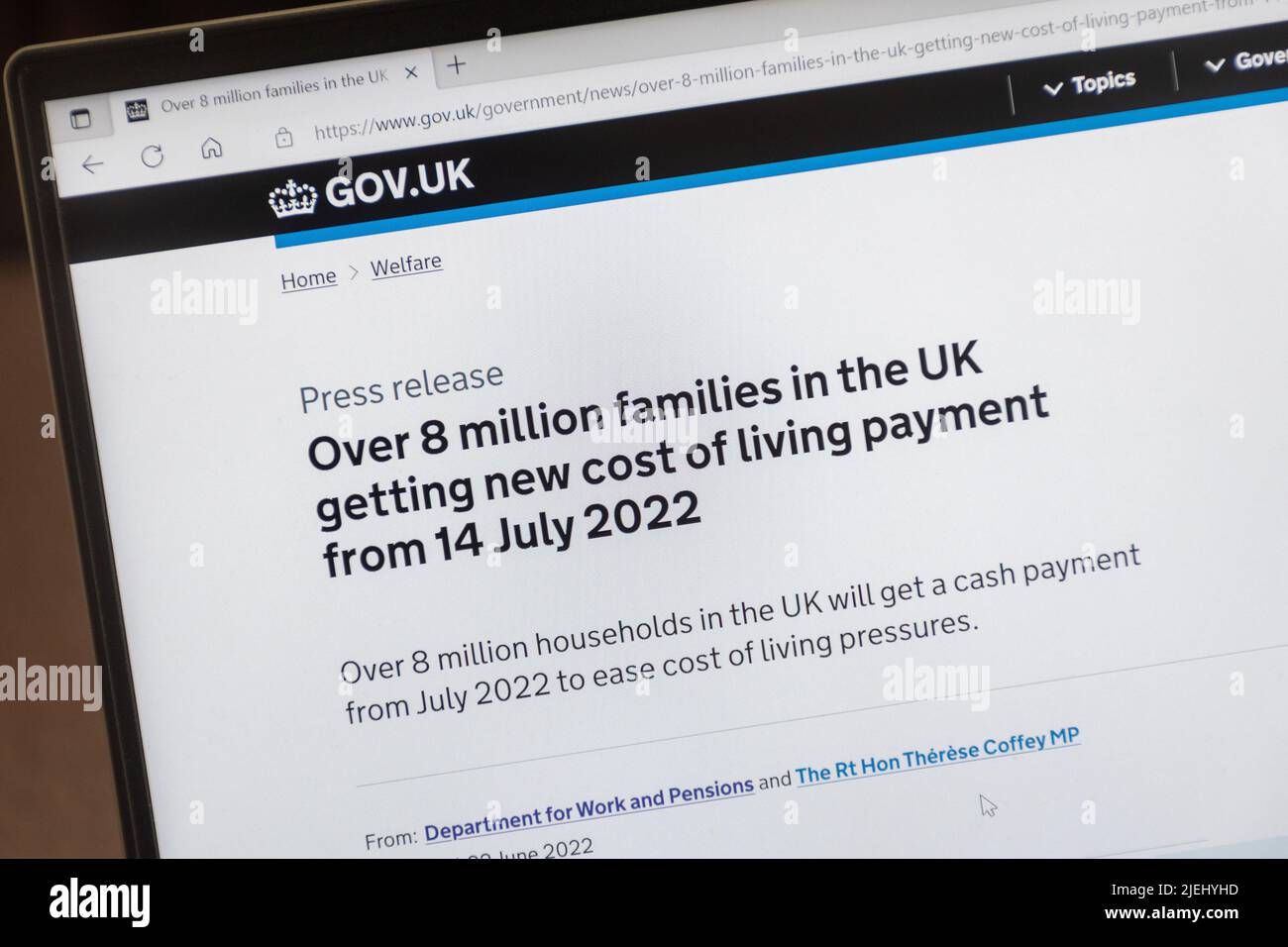 Cost of Living Payment, press release about financial help on the gov.uk website, 2022 Stock Photo