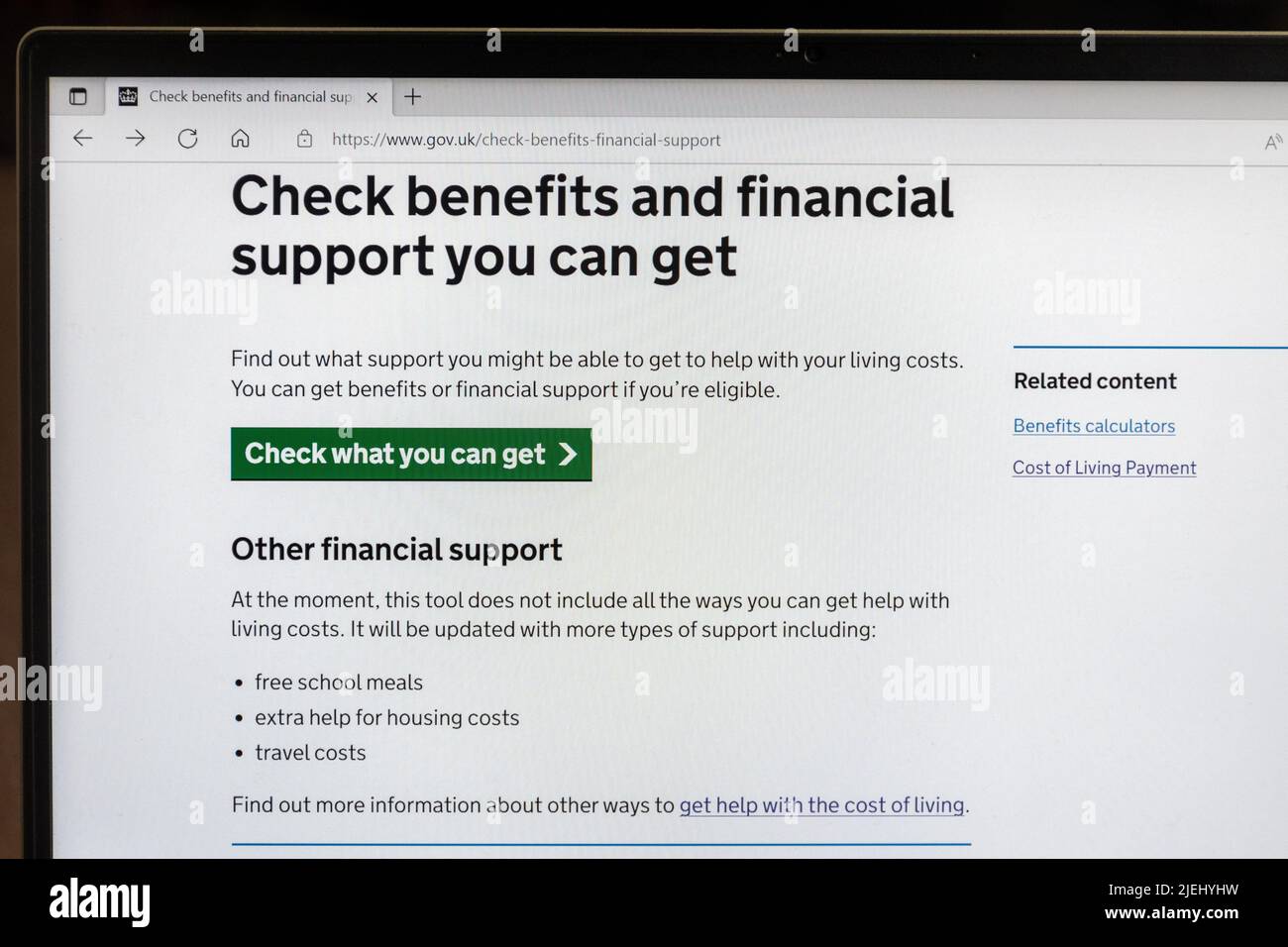 Check benefits and financial support you can get, gov.uk website, 2022, during the Cost of Living Crisis Stock Photo