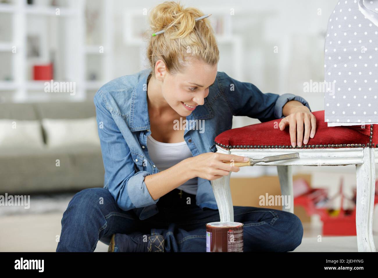 happy female furniture designer Stock Photo Alamy
