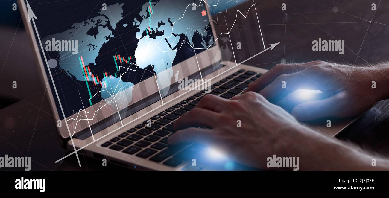 hands on laptop stock crypto currency trading banner. mixed media finance market banner Stock Photo