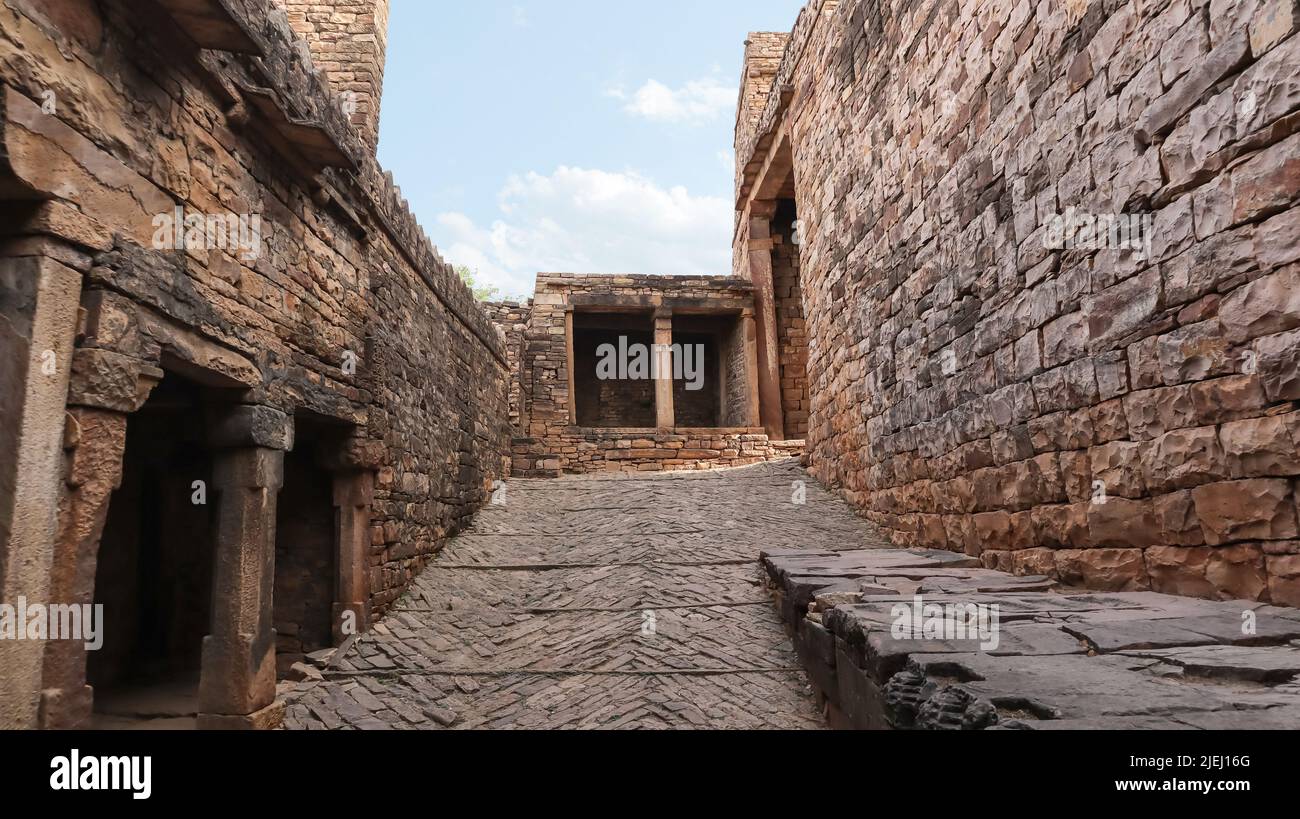 Way to Khooni Darwaza or blood gate the main gate of the fort, Chanderi Fort, Madhya Pradesh, India. Stock Photo