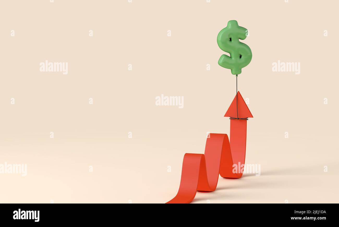 Rate of inflation concept. Red arrow being pulled up by a dollar sign