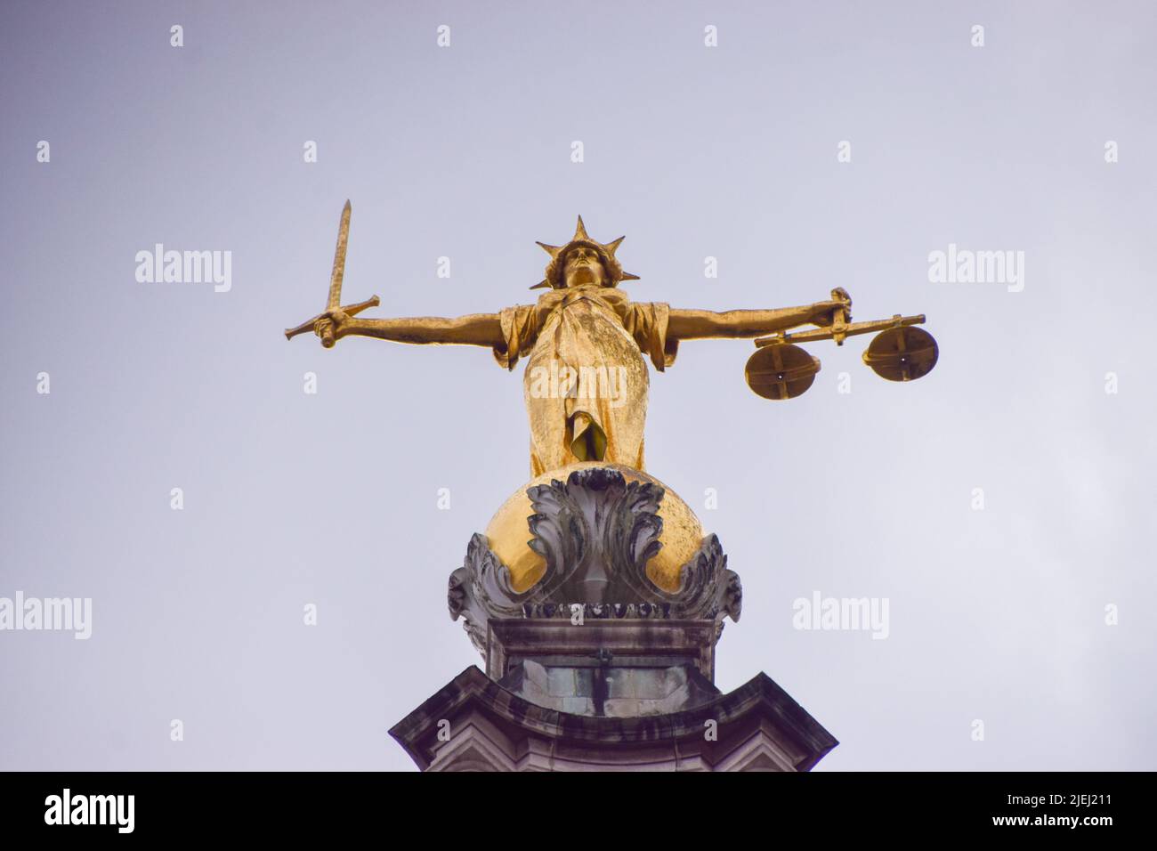 London, UK. 27th June 2022. Lady Justice statue on top of the Central Criminal Court, known as Old Bailey. Stock Photo