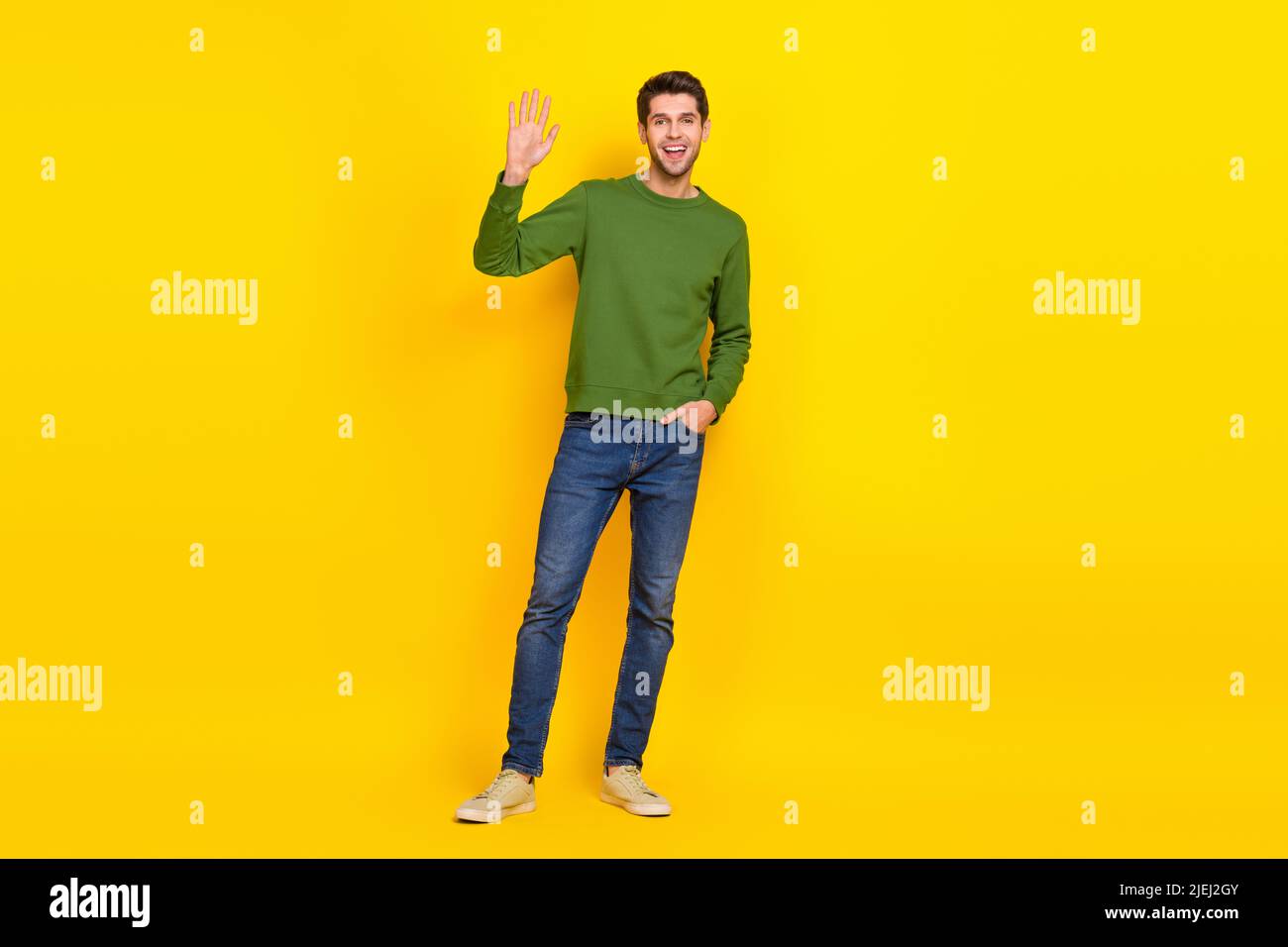 Photo of sweet attractive guy dressed green pullover smiling waving arm
