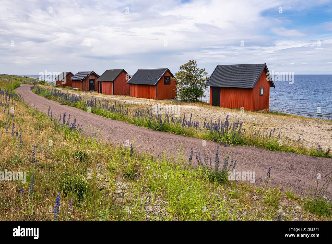 Fishing huts on shore of the Baltic Sea on the island Öland in Sweden. Stock Photo