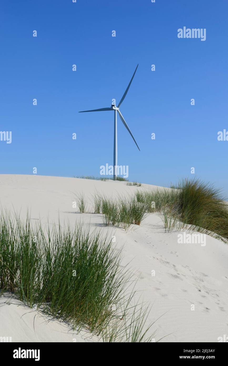 Moderne weiße Windkraftanlagen oder Windmühlen, erneuerbare Energie Stock Photo