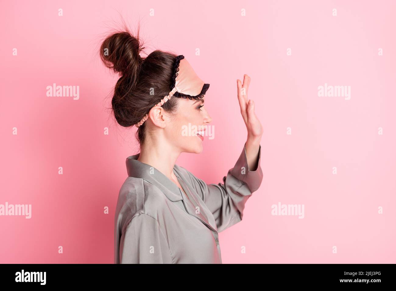 Profile side photo of young attractive girl happy positive smile wave ...