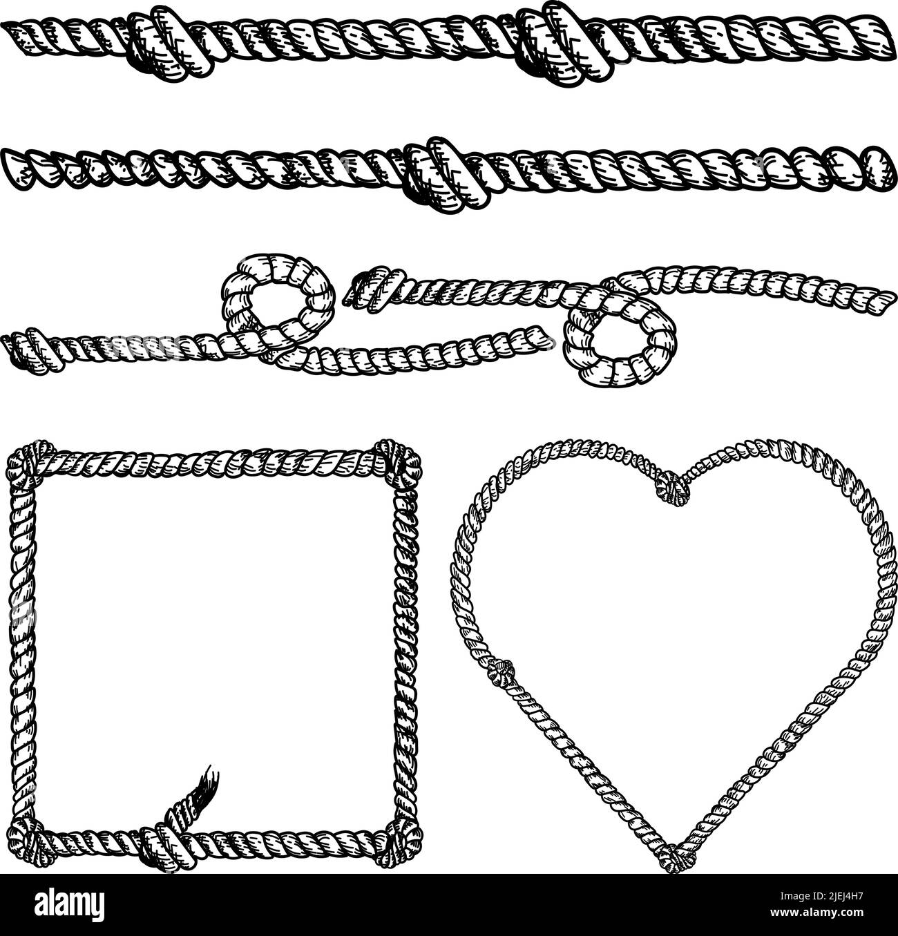 Nautical rope vector dividers and elements, hand-drawn doodle in