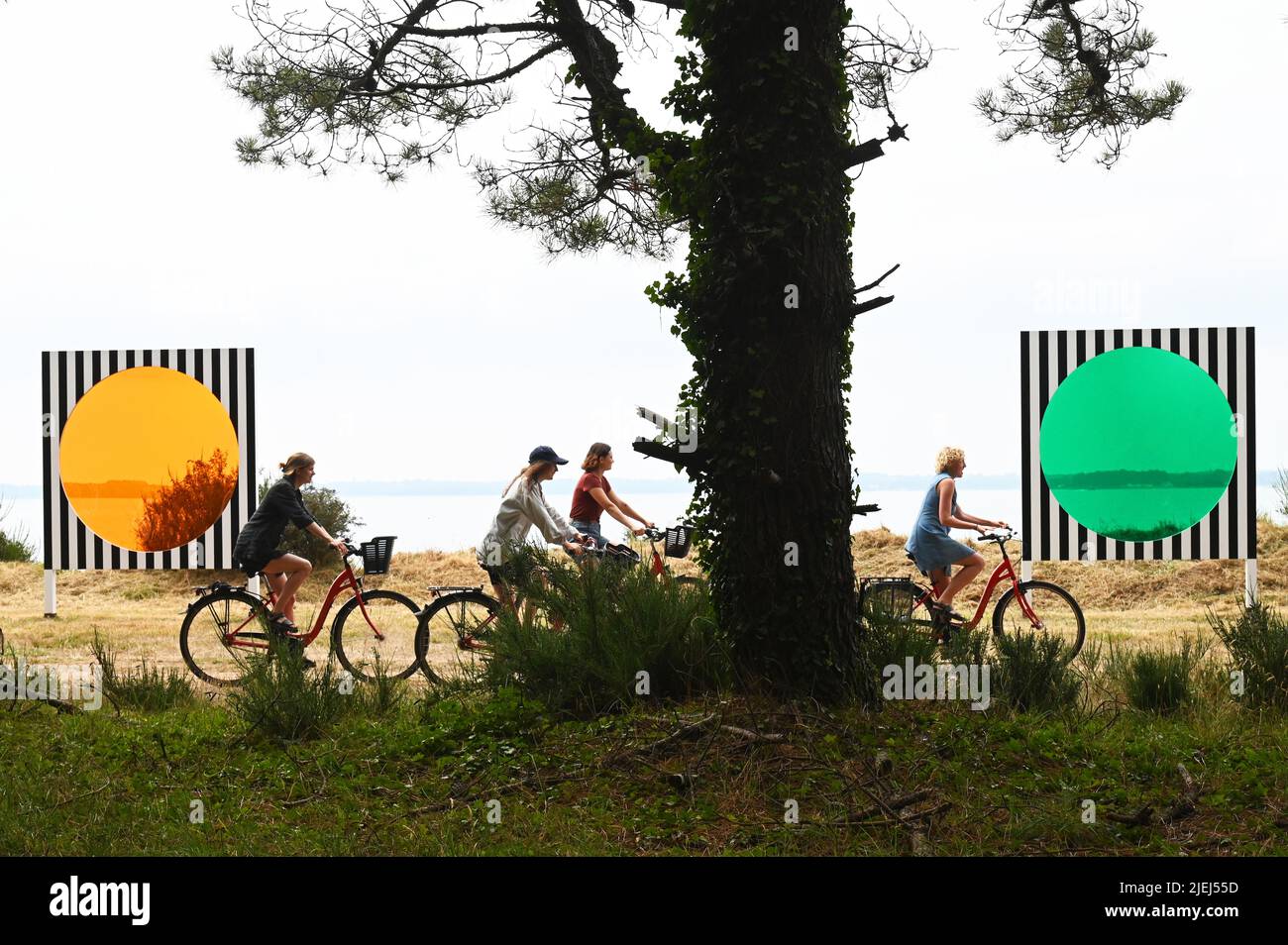 France. Brittany. Morbihan (56) Island of Arz. Bilherve. Group of tourists in front of one of the works of the ephemeral exhibition 'Au detour des rou Stock Photo