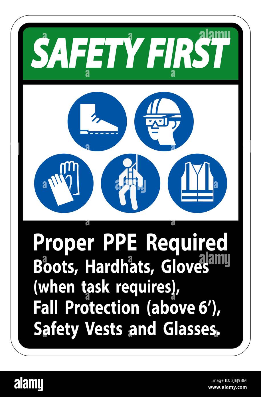 Safety First Sign Proper PPE Required Boots, Hardhats, Gloves When Task ...