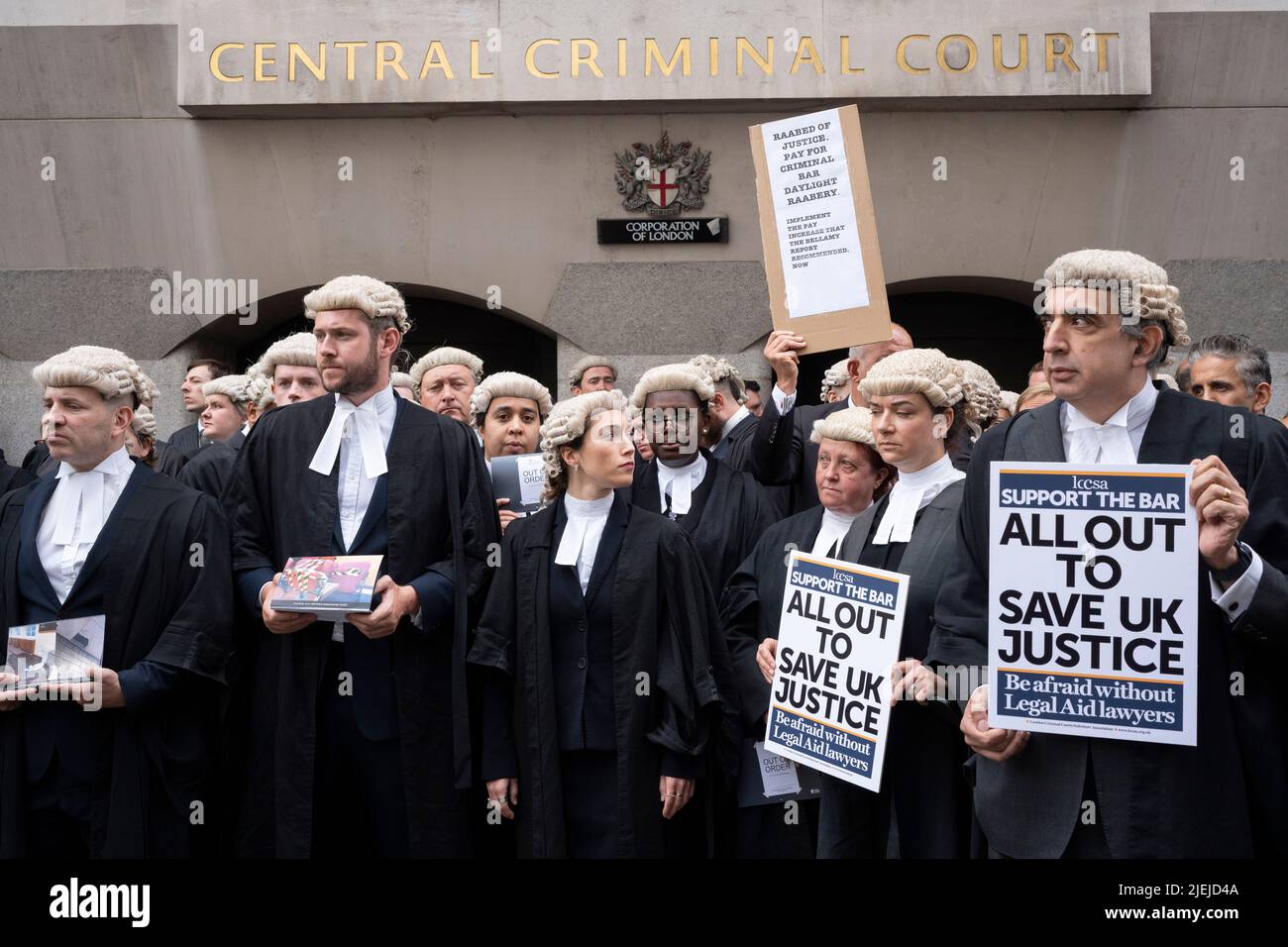 Barristers begin their first day of strike action with a protest outside the Central Criminal Court (The Old Bailey) over poor working conditions and low pay due to an insufficient increase in Legal Aid fees, on 27th June 202, in London, England. Those protesting and not attending courts across England and Wales could face disciplinary proceedings, a judge has warned. Stock Photo