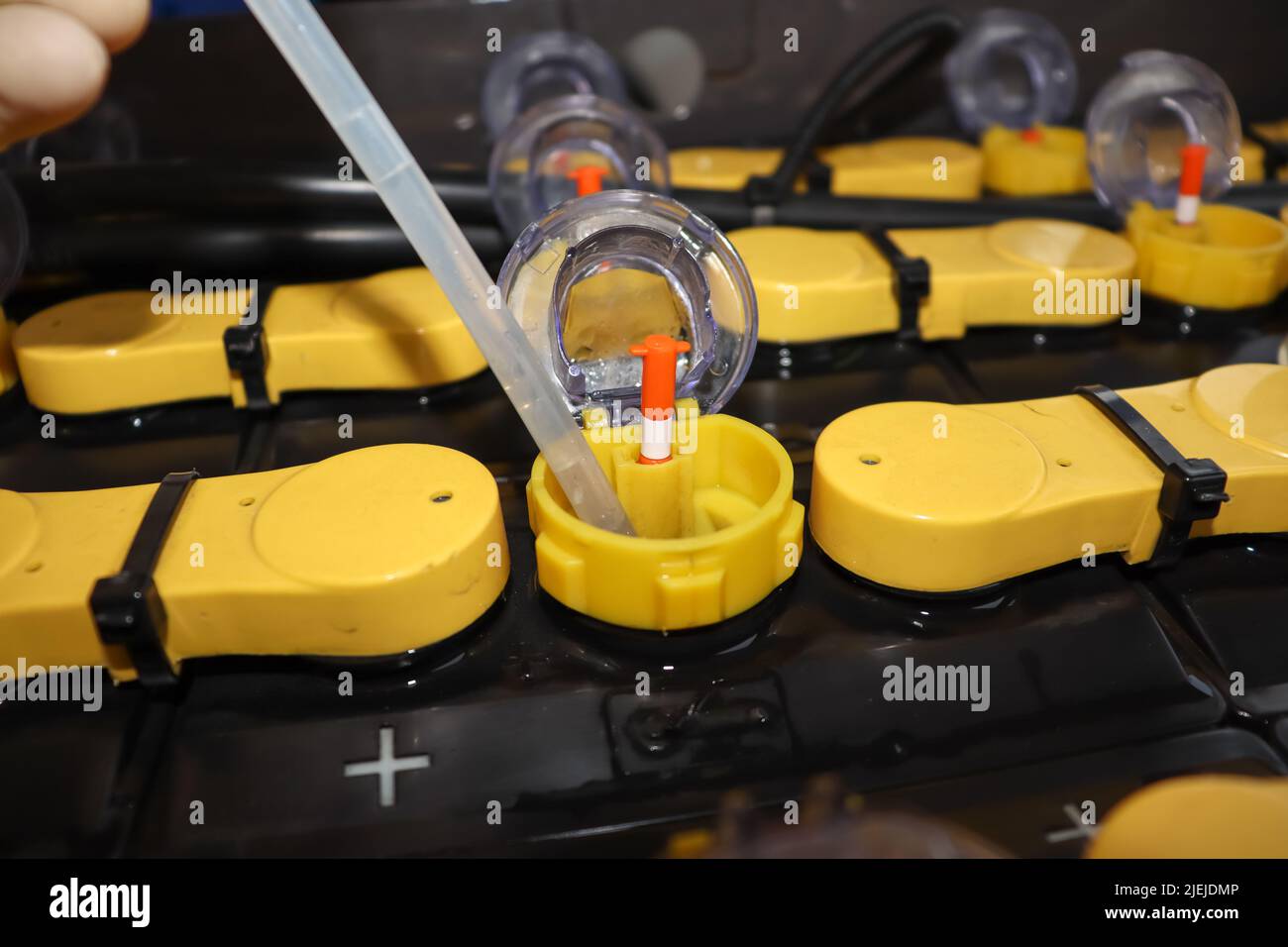 Adjust the battery distilled water level Stock Photo Alamy