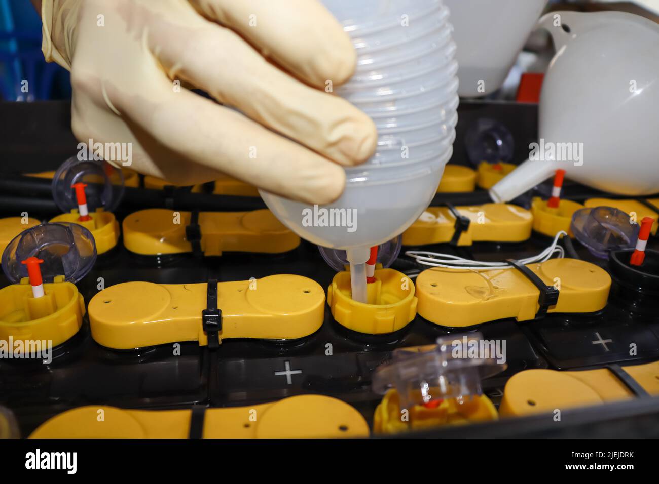 Adjust the battery distilled water level Stock Photo Alamy