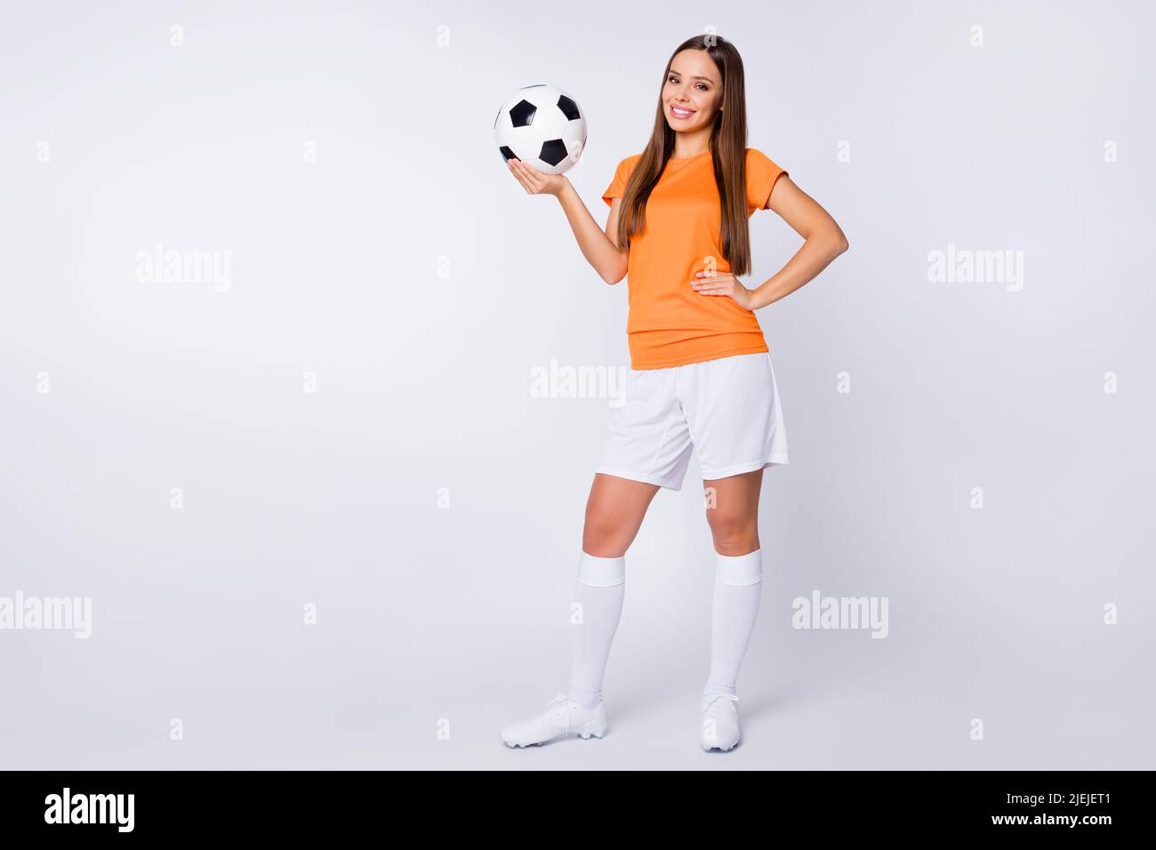 Full Length Photo Of Cool Joyful Lady Player Soccer Team Euro Cup 2020 League Hold Ball Ready 5825