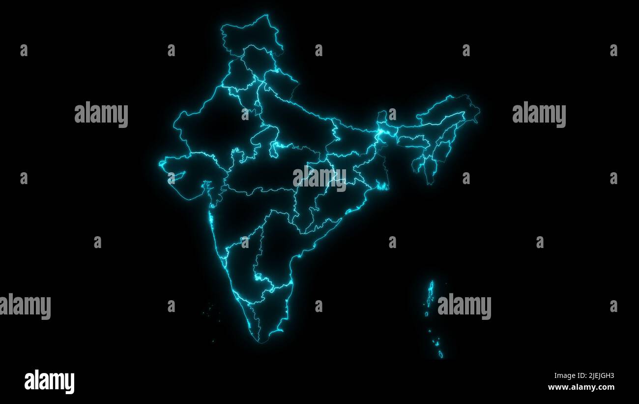 Abstract map outline of India with States glowing outline in black background Stock Photo