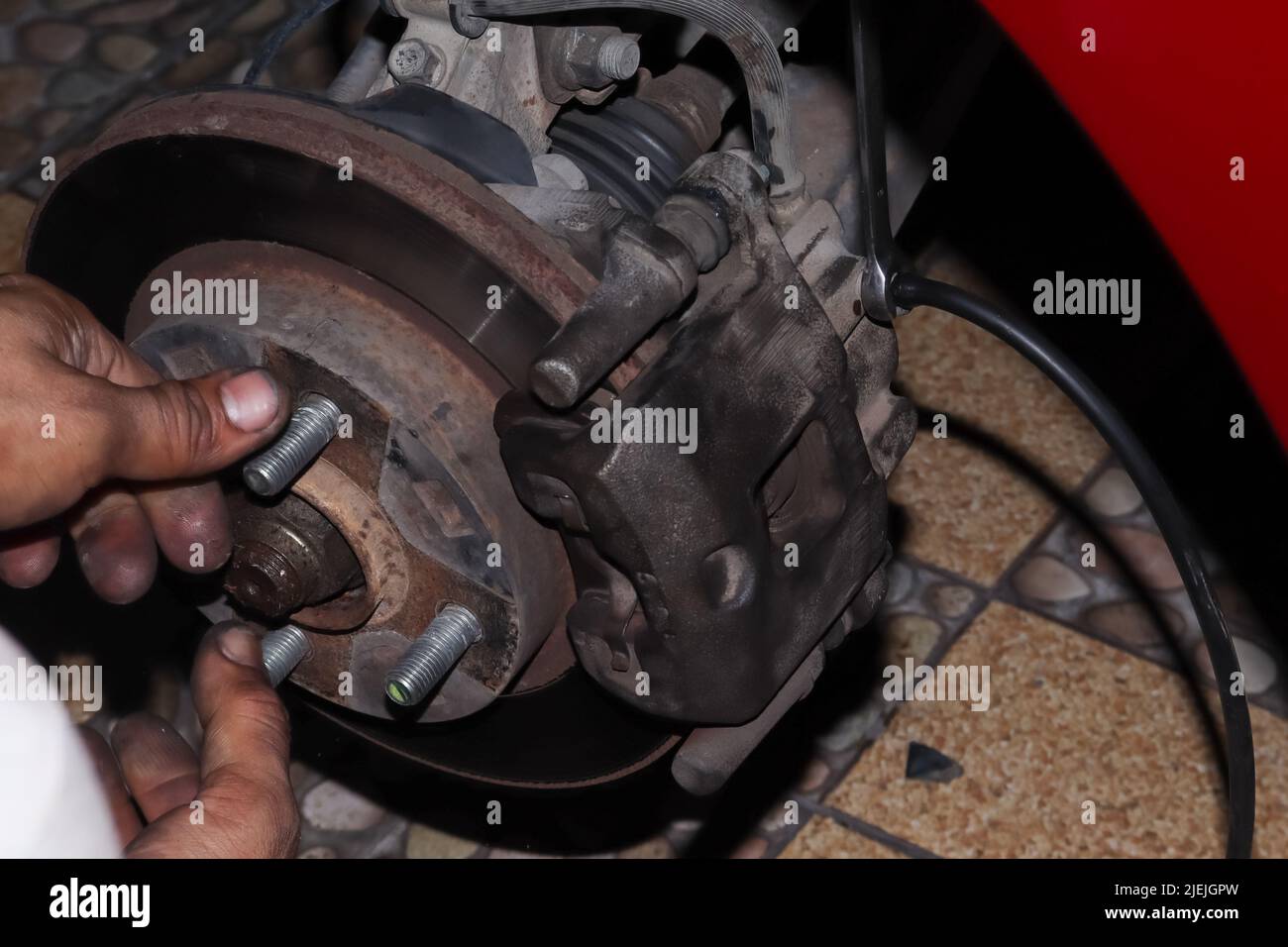 Check brake system of car Stock Photo Alamy