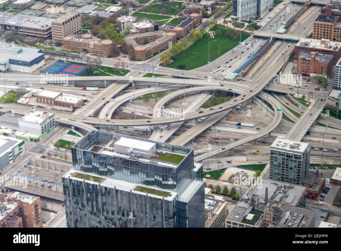 Chicago, IL. Jane Byrne Interchange (formerly Circle Interchange) aerial view. Road intersection or junction of Interstate I-90, I-94 and I-290. USA Stock Photo