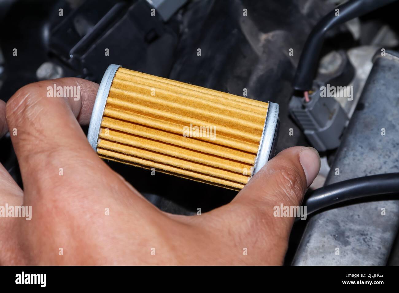 Mechanic to change the oil filter Stock Photo Alamy