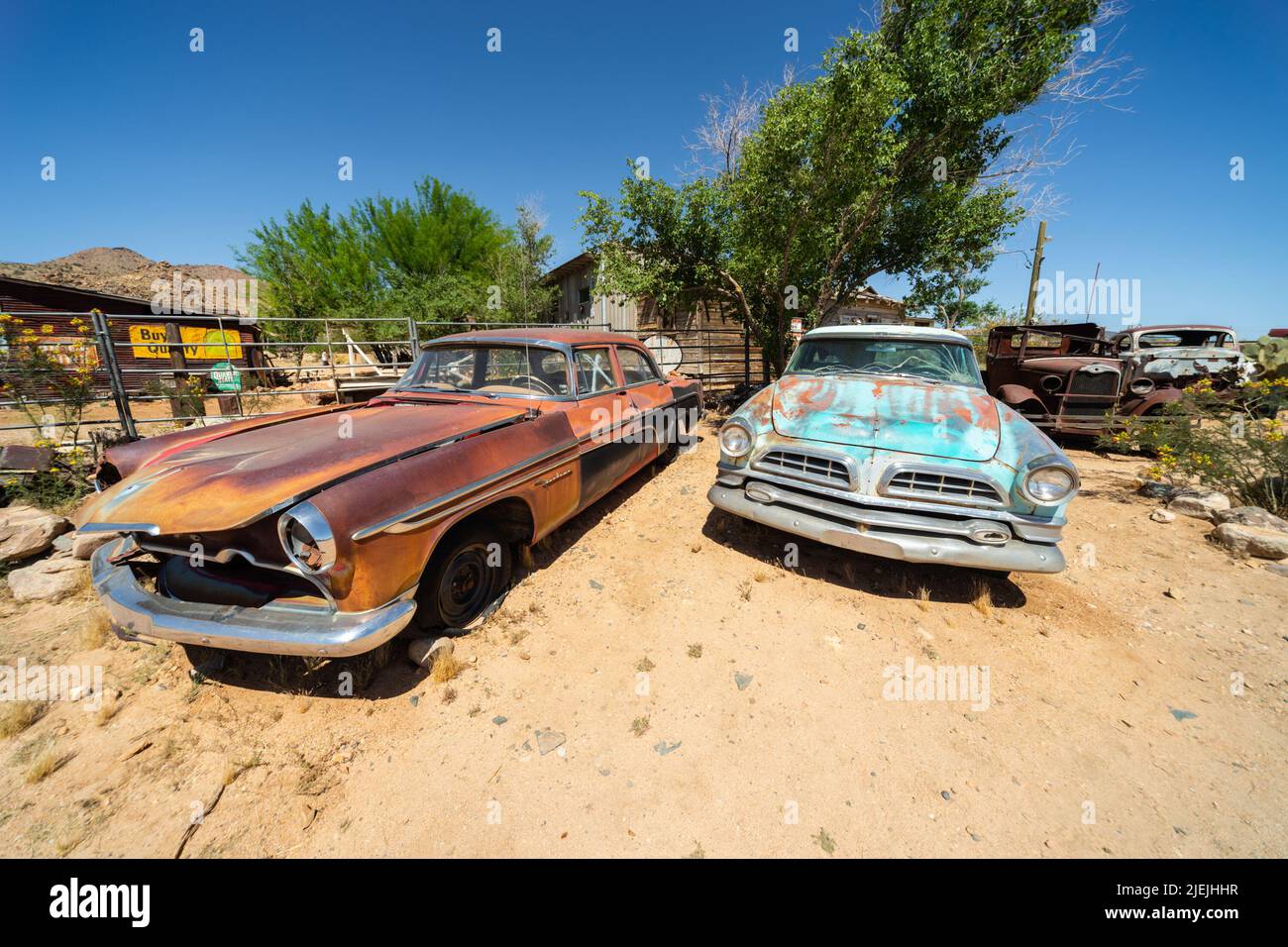 Desoto Firedome and rusty blue Chrysler car at Hackberry General Store, Hackberry, AZ, USA. Route 66 Arizona Stock Photo