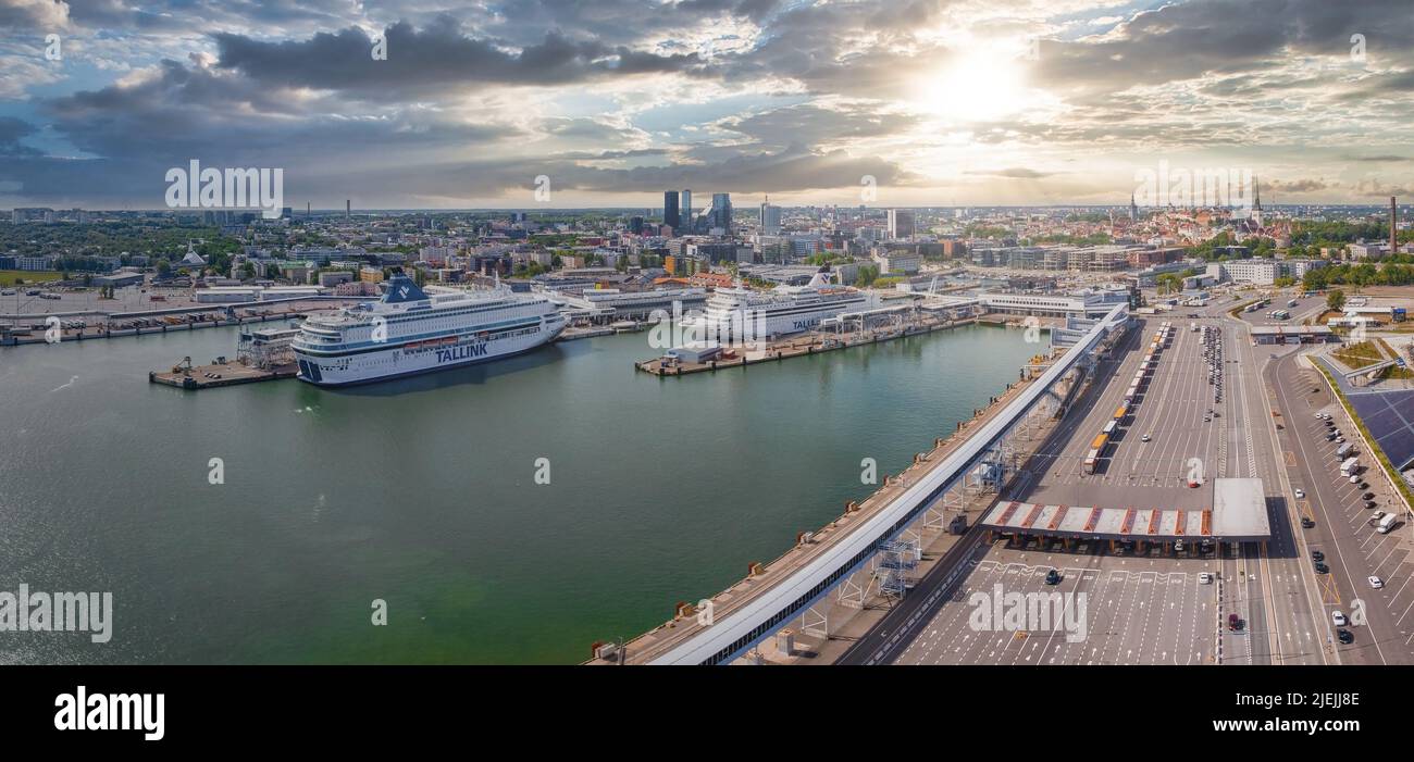 Large port in Estonia, Tallinn with many cruise ships docked including large MSC cruise Stock Photo